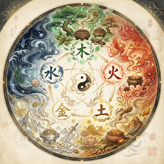 Five Elements (Wu Xing) incense composition — wood, fire, earth, metal, water symbols arranged with Shyang Studio incense