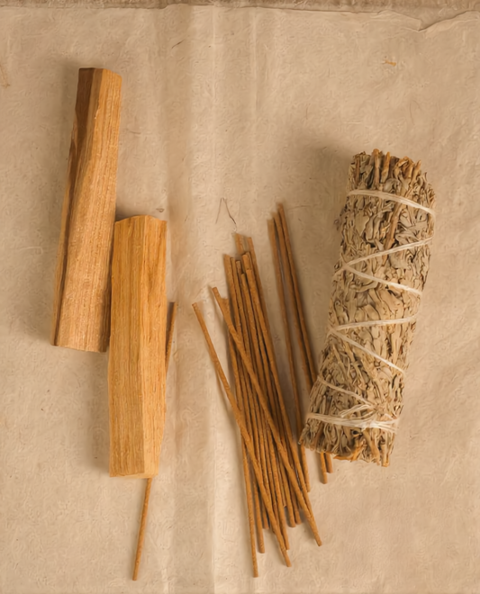 Three foundational incense woods compared — agarwood, sandalwood, and cedarwood raw materials side by side