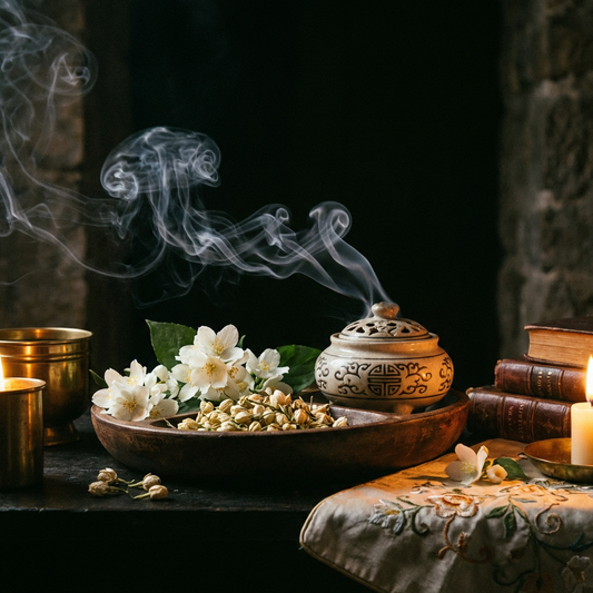 Morning incense ritual — Shyang Studio Coffee Hour stick lit at sunrise on a desk