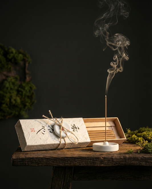 Wood-scent incense family overview — sandalwood, agarwood, cedar, and hinoki materials displayed