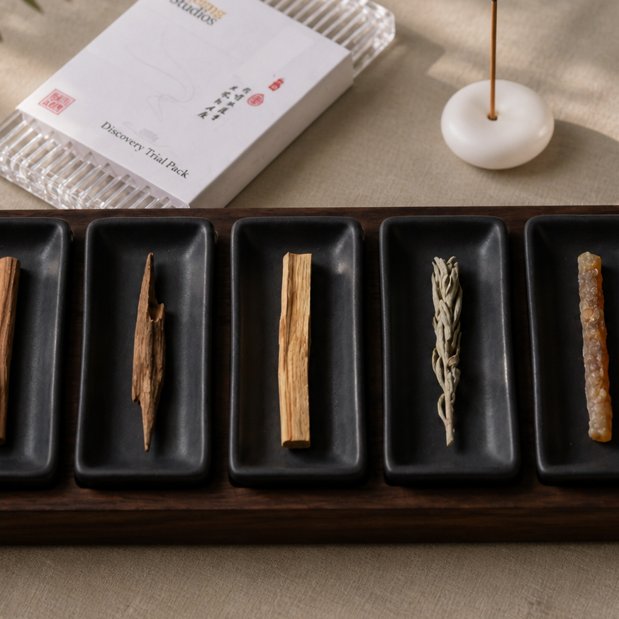 Shyang Studio Discovery Trial Pack — five Chinese incense scents in one tray, includes a small white jade disc holder