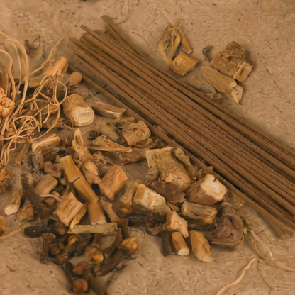 Loose ingredients used in Shyang Studio incense — natural woods, resins, and herbal botanicals, no synthetic fragrance